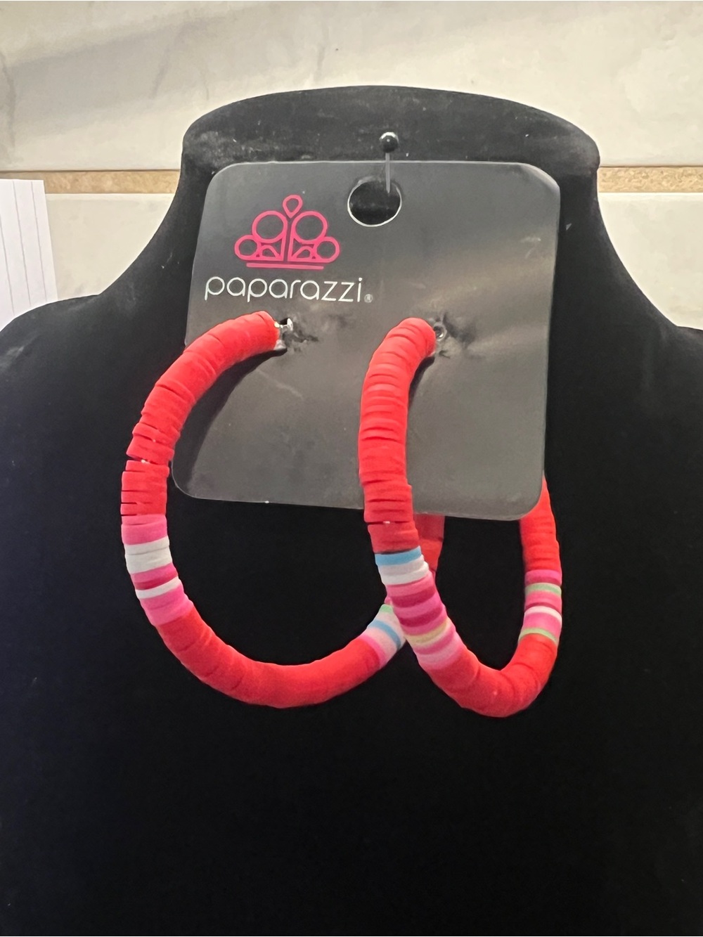 Paparazzi Bright Red Hoop Earrings with Pink & White Accents